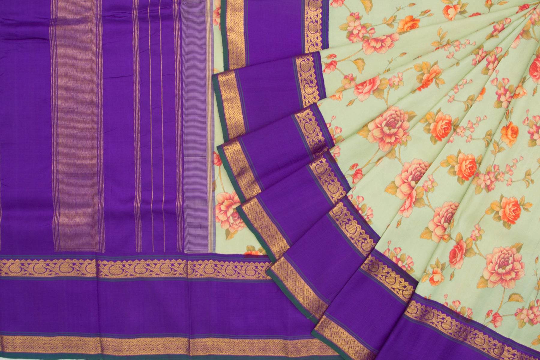 Kanchipuram Silk Floral Printed Pastel Green Saree