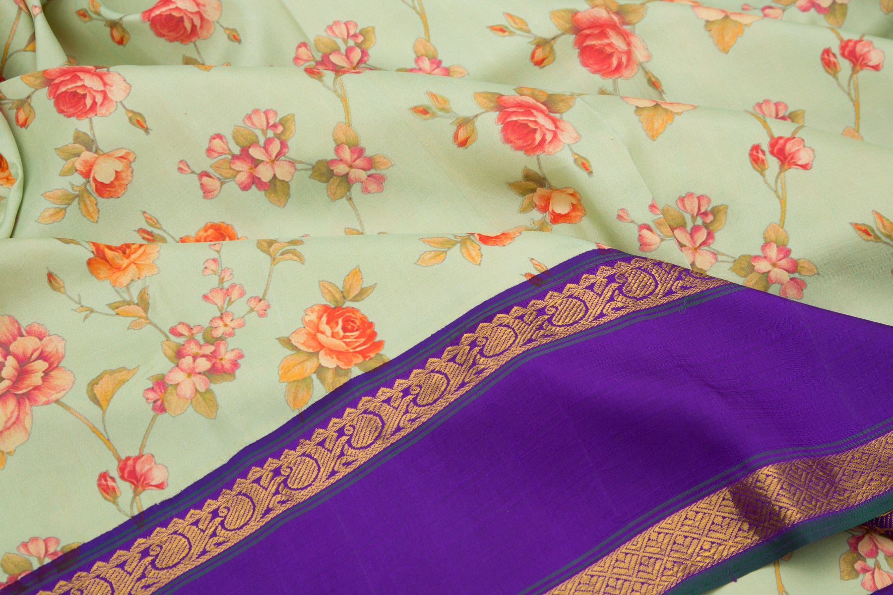 Kanchipuram Silk Floral Printed Pastel Green Saree