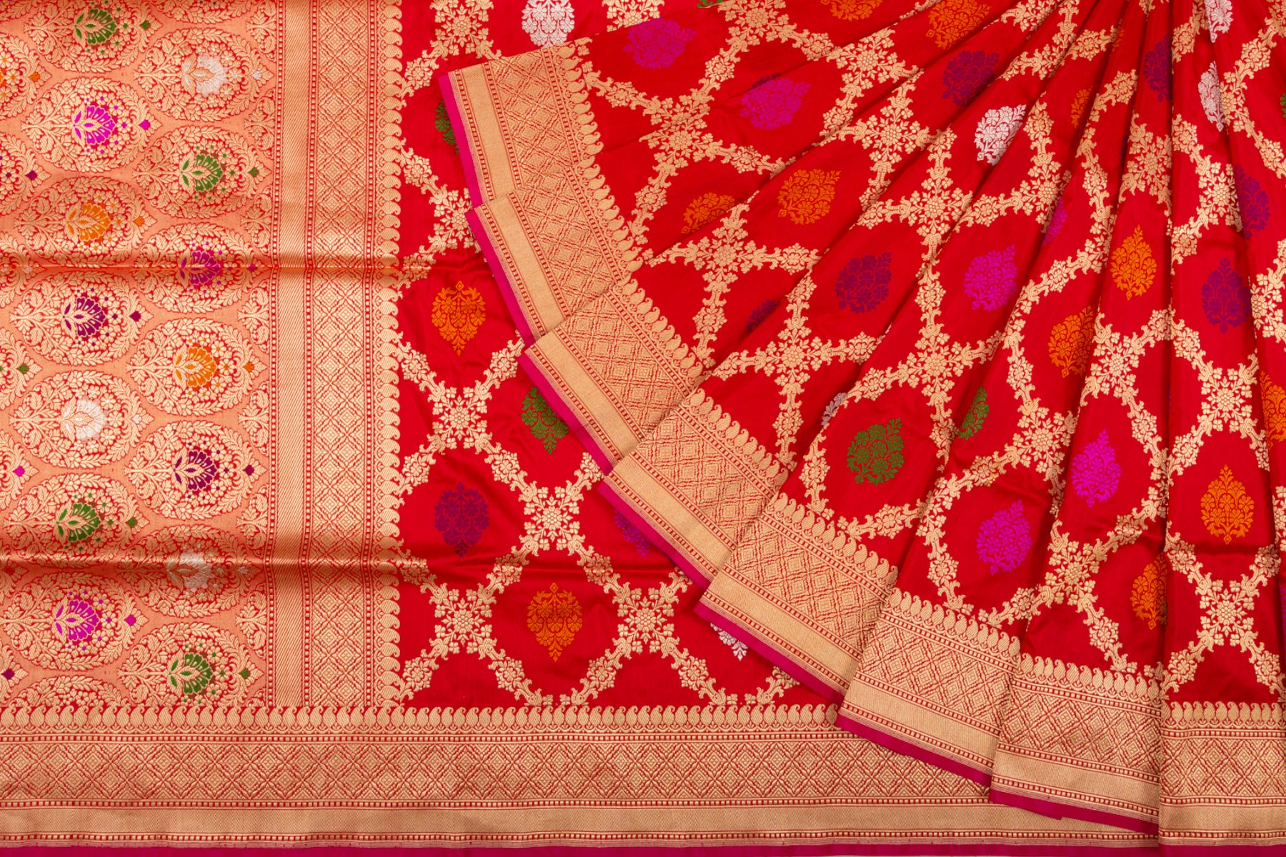 Banarasi Silk Kadwa Jaal And Butta Red Saree