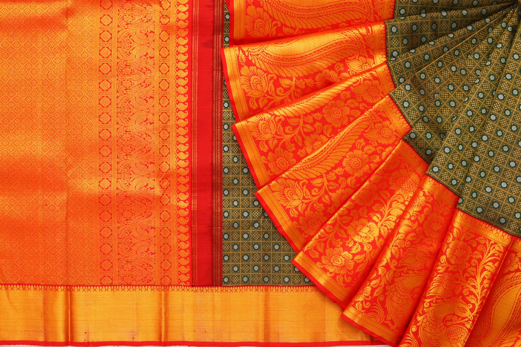 Kanchipuram Silk Checks And Butta Dark Green Saree