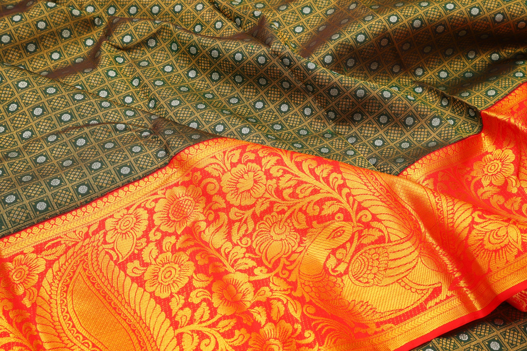 Kanchipuram Silk Checks And Butta Dark Green Saree