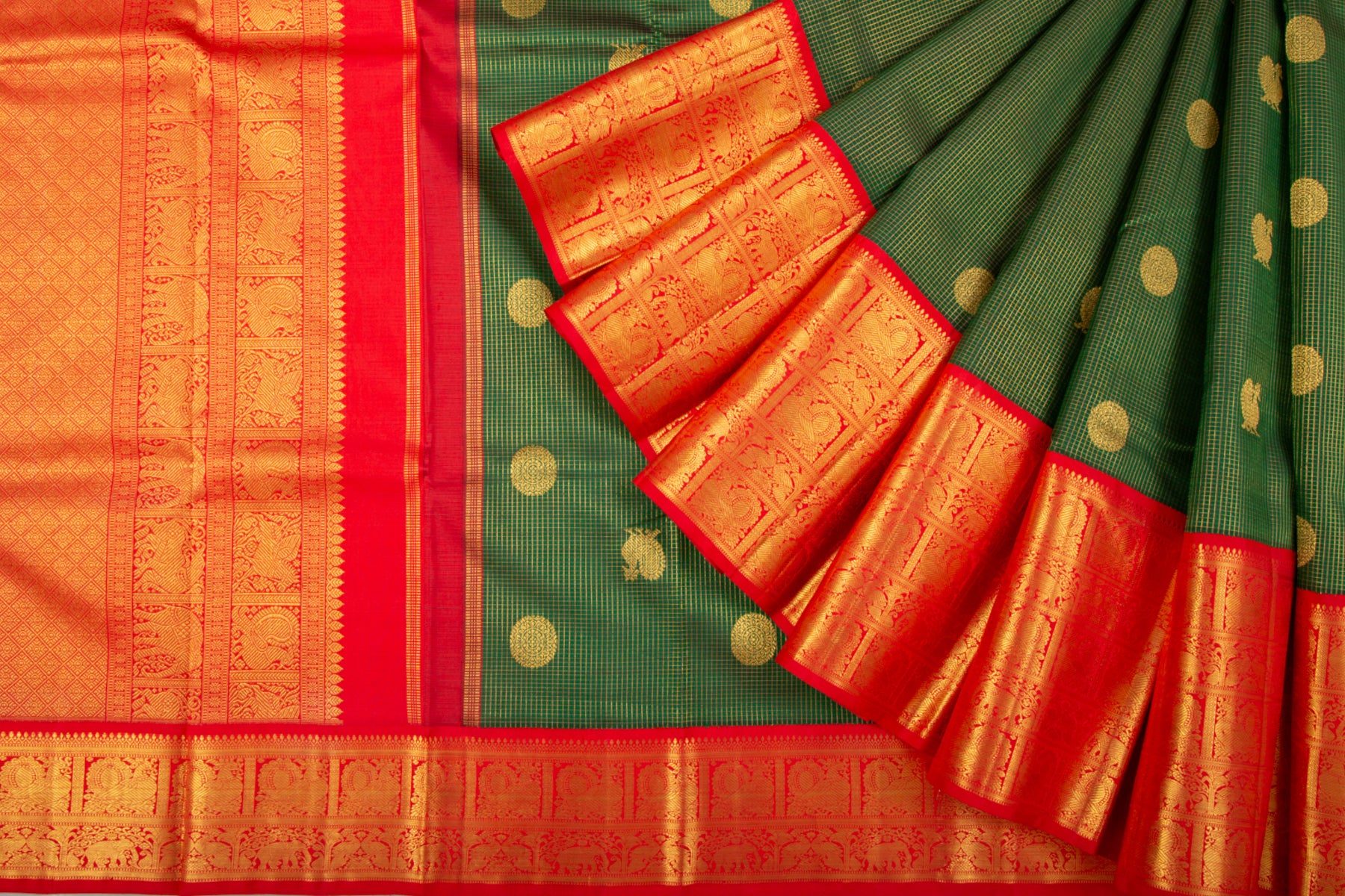 Kanchipuram Silk Checks and Butta Green Saree