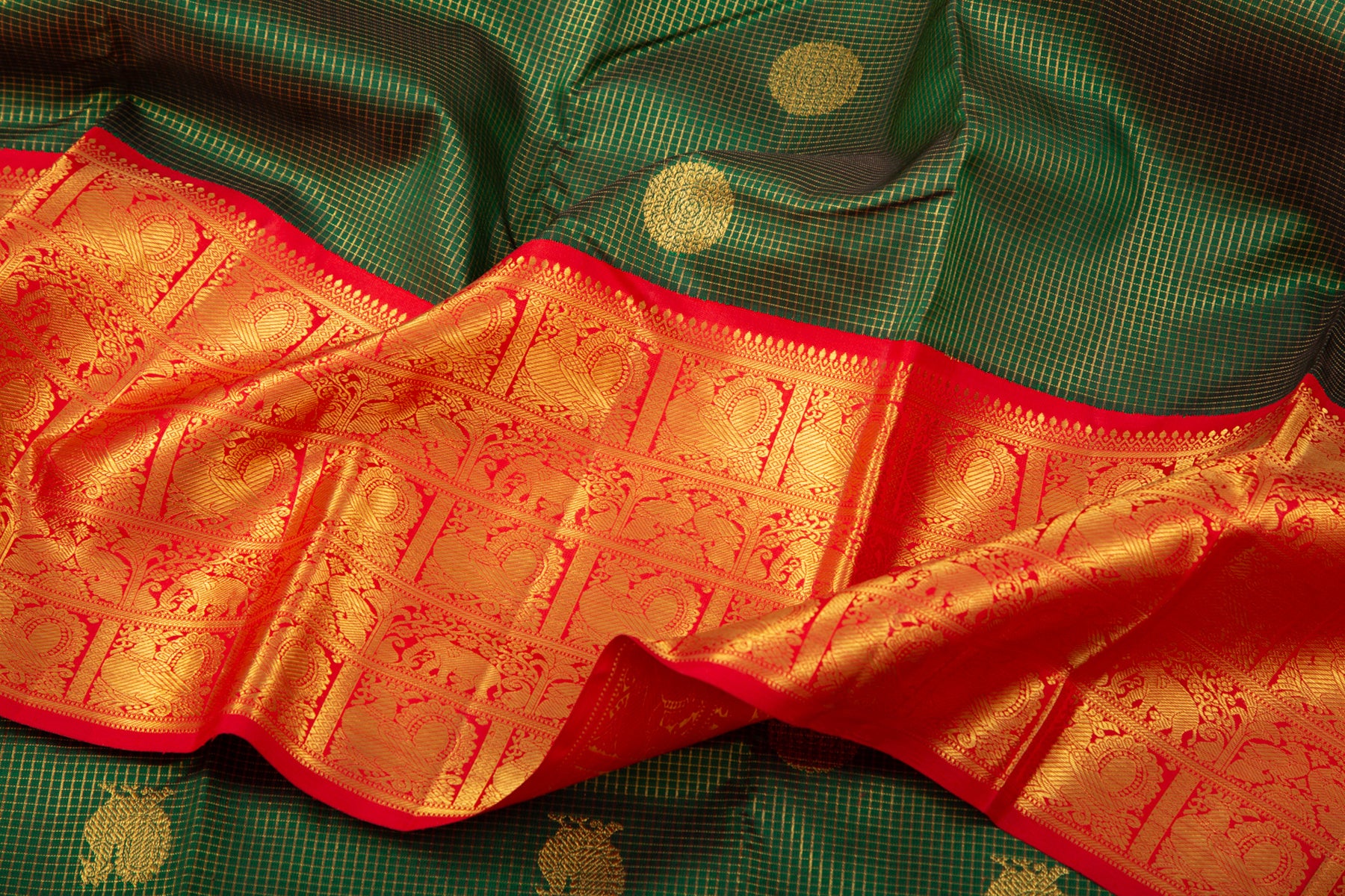 Kanchipuram Silk Checks and Butta Green Saree