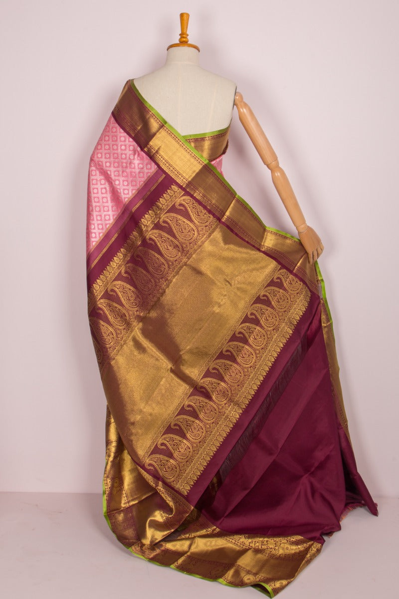 Kanchipuram Silk Criss Cross Checks And Butta Pink Saree