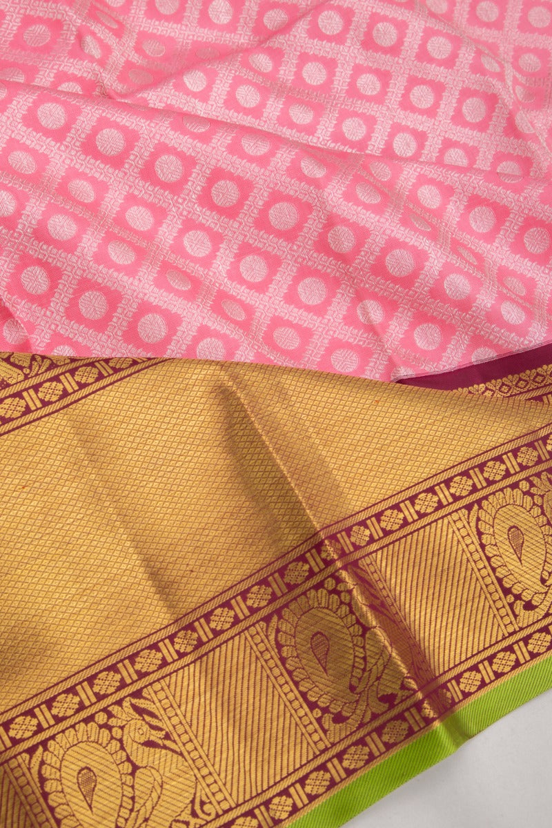 Kanchipuram Silk Criss Cross Checks And Butta Pink Saree