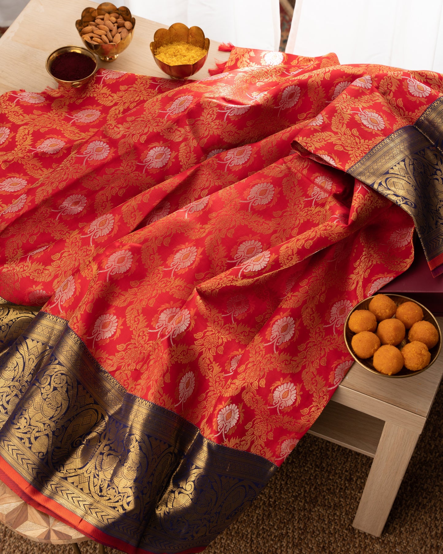 Kanchipuram Silk Jaal and Butta Red Saree