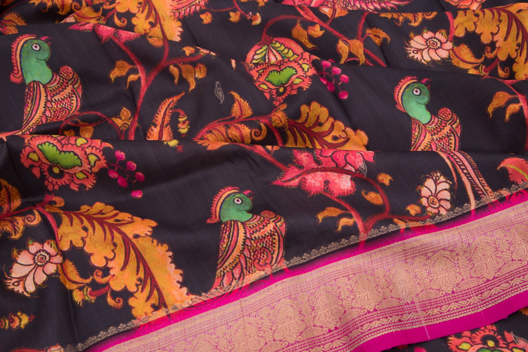 Kanchipuram Silk Floral Printed Black Saree