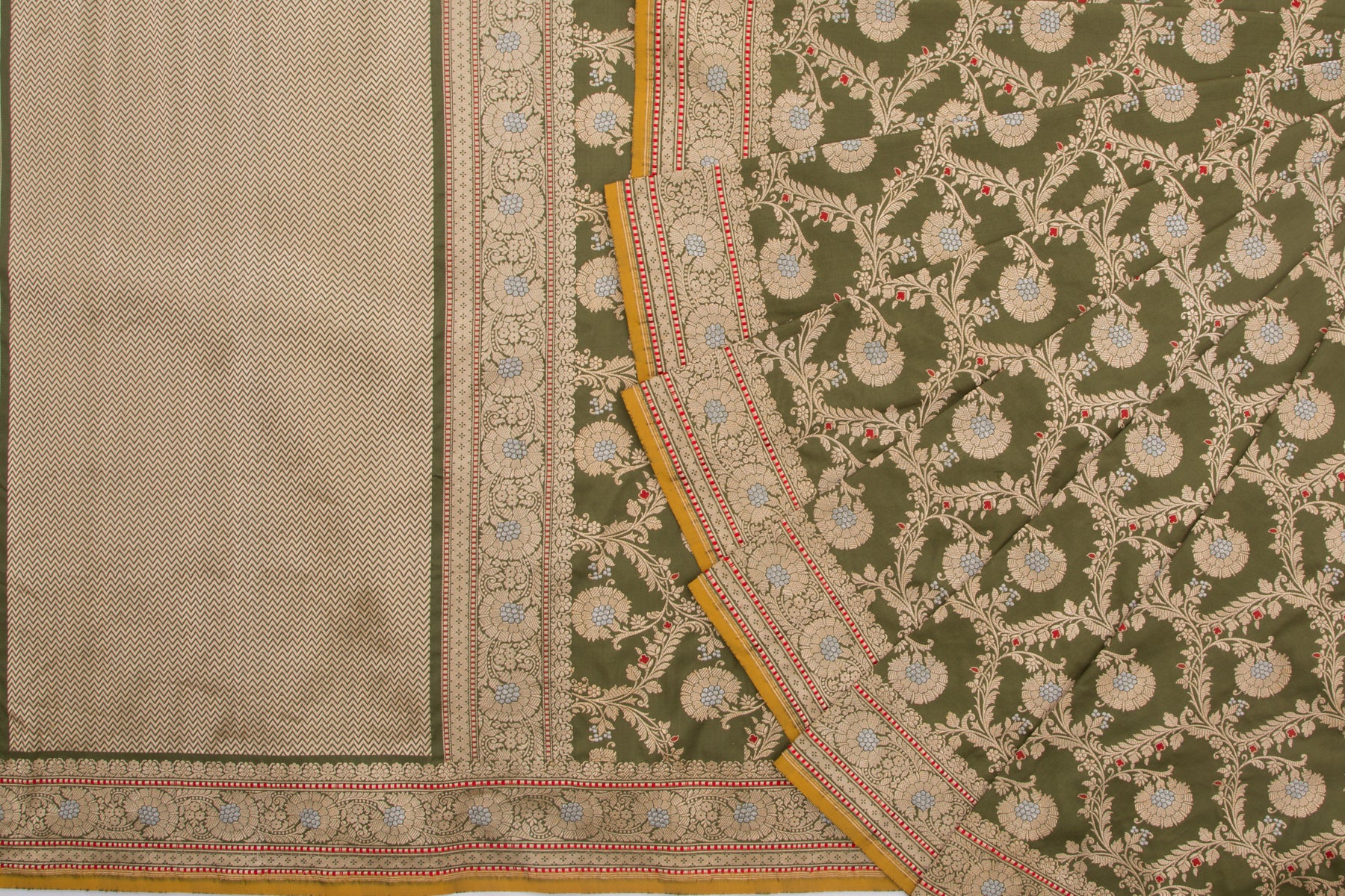 Banarasi Silk Kadwa Jaal Mehandi Green Saree