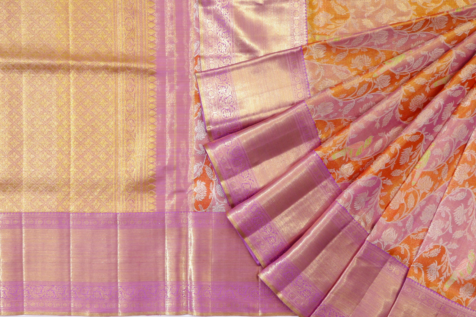 Kanchipuram Silk Jaal Tissue Lavender and Orange Saree