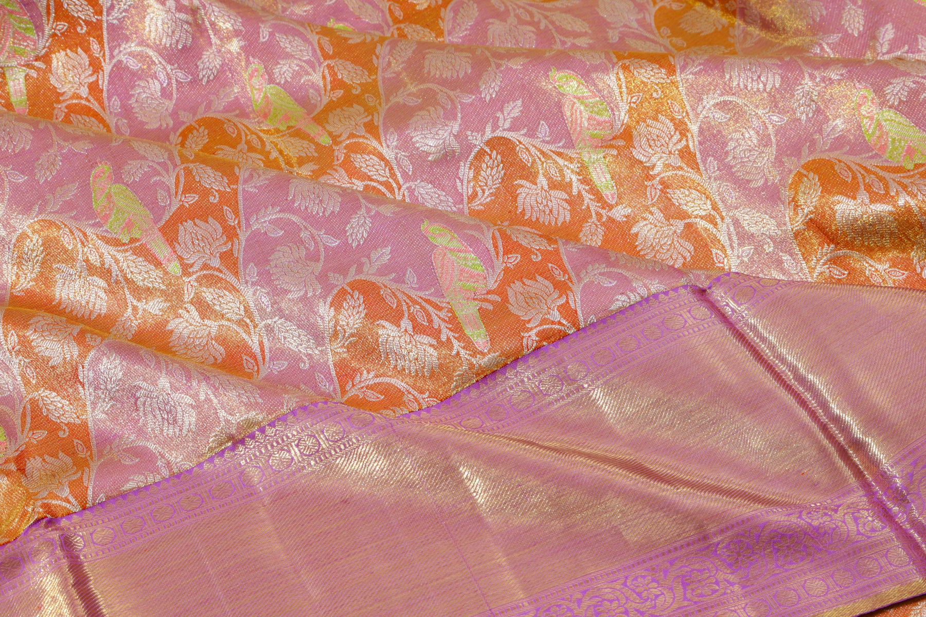 Kanchipuram Silk Jaal Tissue Lavender and Orange Saree