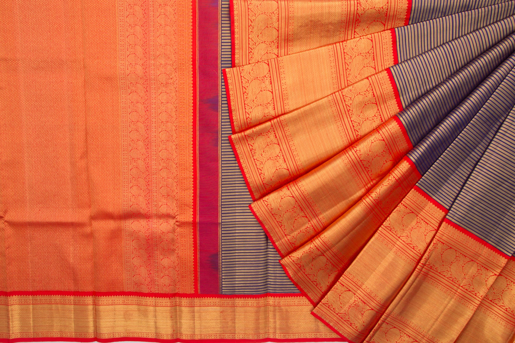 Kanchipuram Silk Horizontal Lines Dark Blue Saree