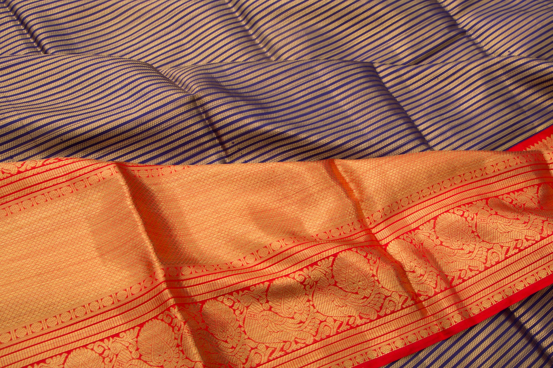 Kanchipuram Silk Horizontal Lines Dark Blue Saree