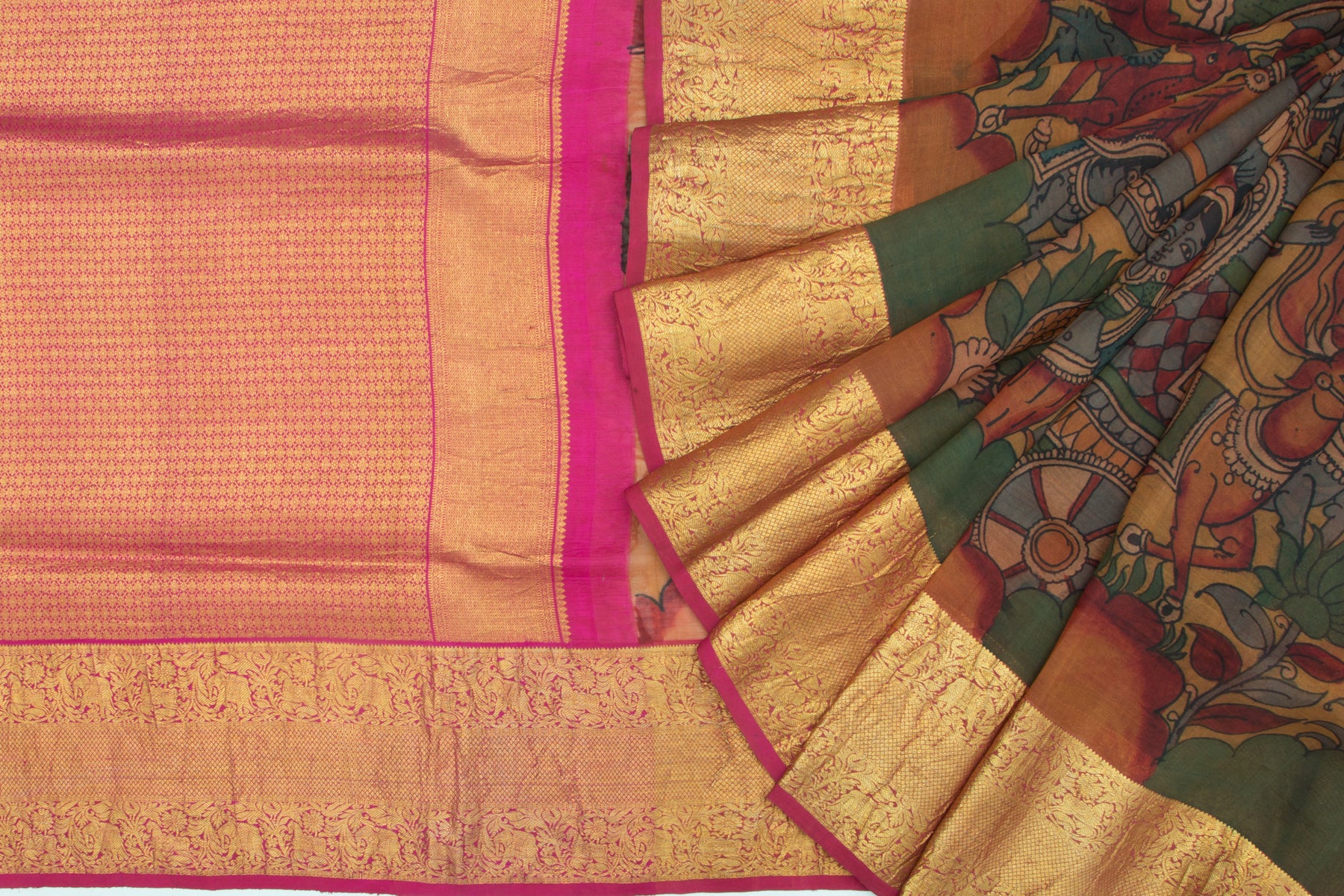 Kanchipuram Silk Kalamkari Yellow Saree