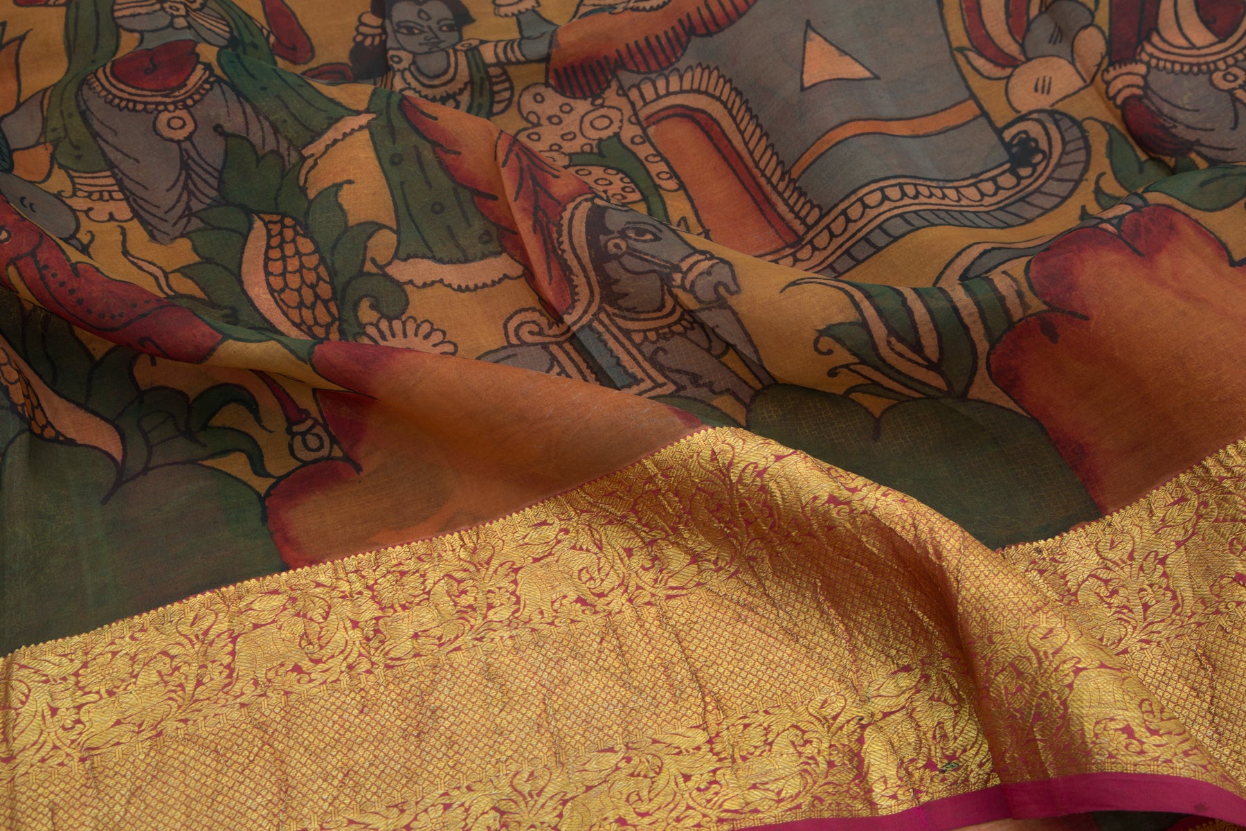 Kanchipuram Silk Kalamkari Yellow Saree