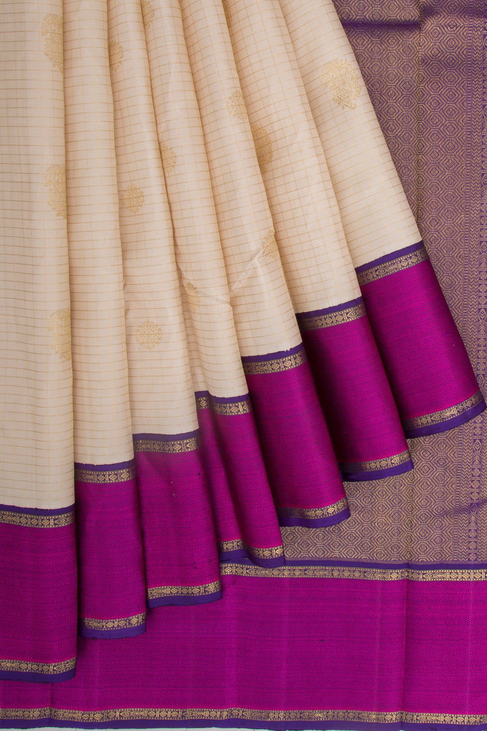 Kanchipuram Silk Checks And Butta Cream Saree