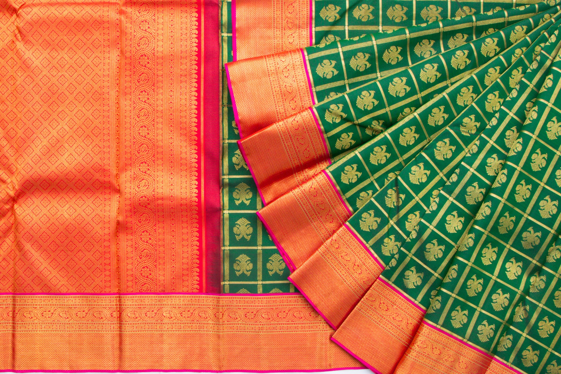 Kanchipuram Silk Checks And Butta Bottle Green Saree