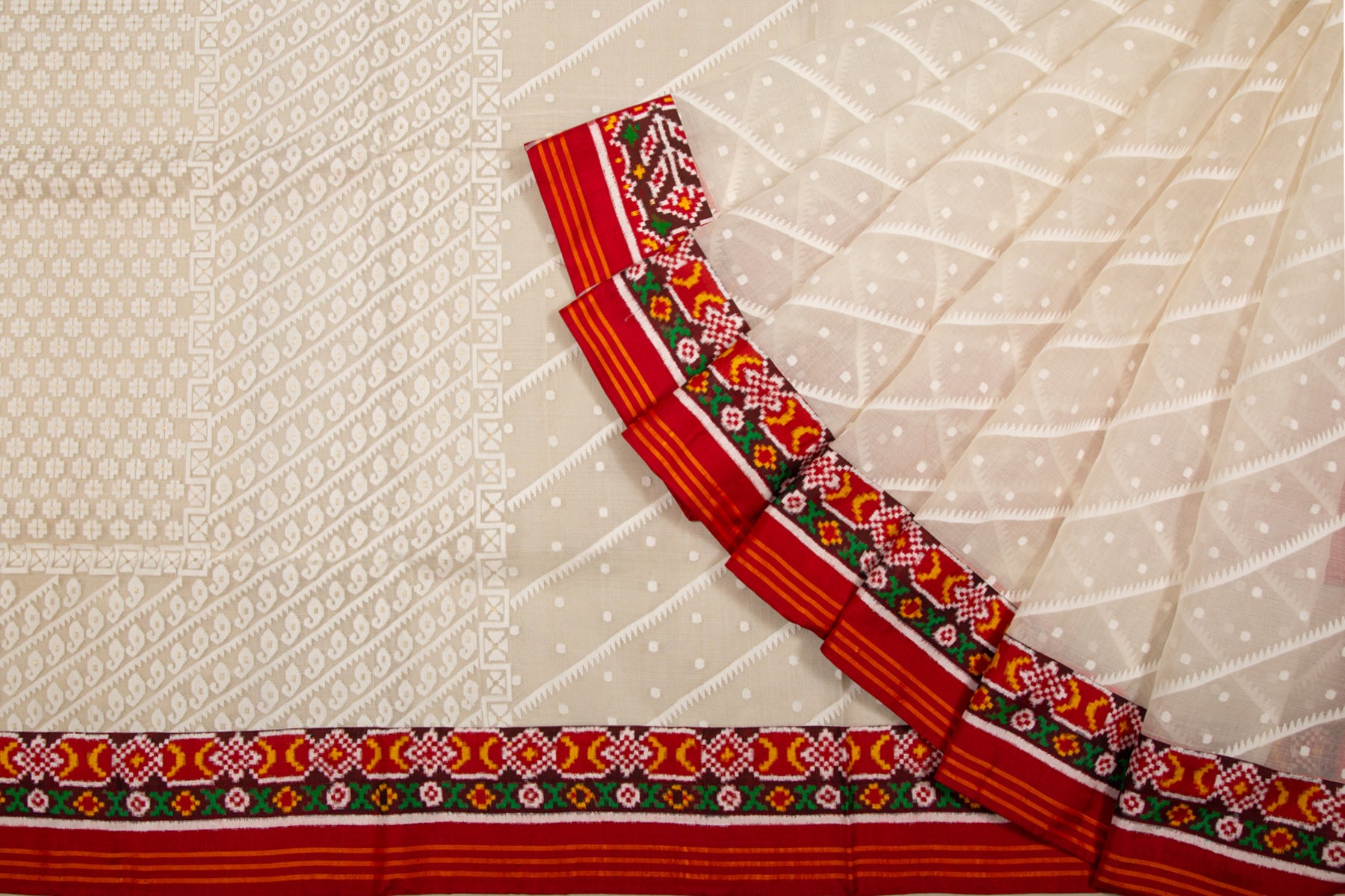 Dhakai Kora Organza Jamdani Cream Saree With Attached Patan Patola Border