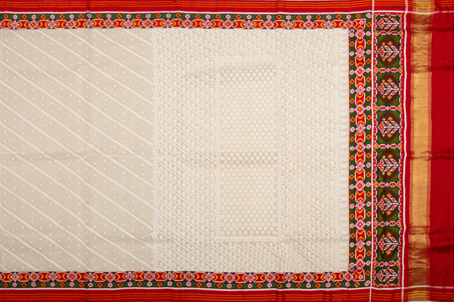 Dhakai Kora Organza Jamdani Cream Saree With Attached Patan Patola Border
