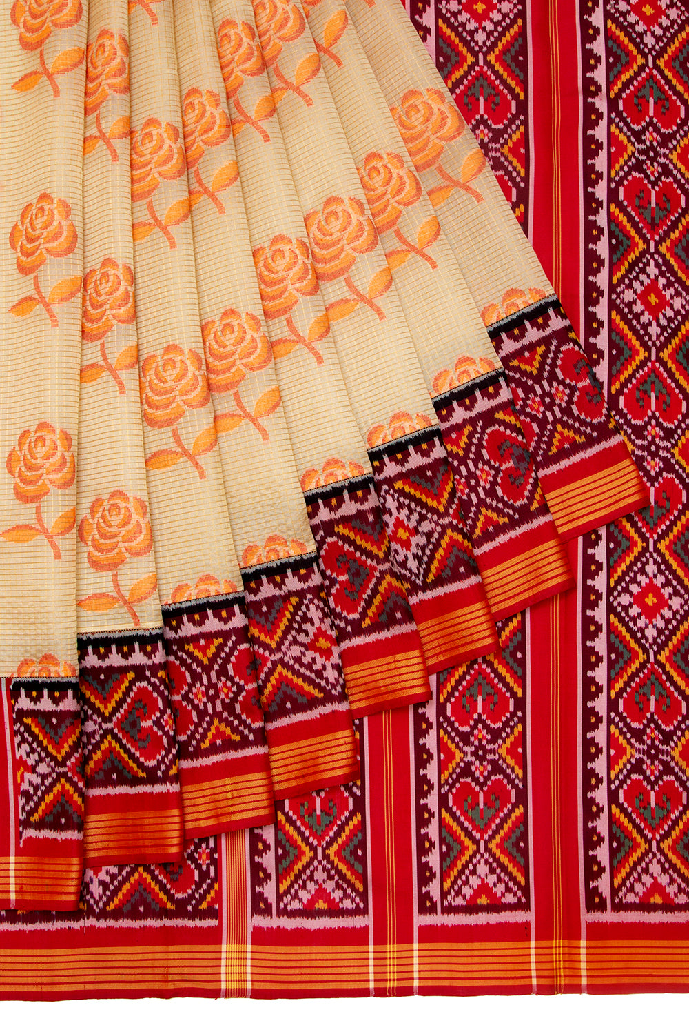 Banarasi Silk Checks And Butta Cream Saree With Attached Ikat Border