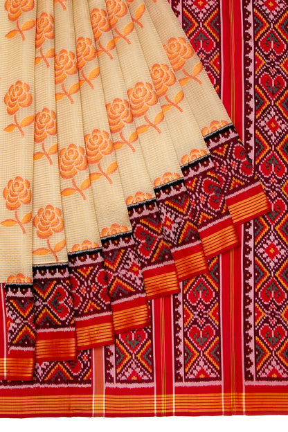 Banarasi Silk Checks And Butta Cream Saree With Attached Ikat Border