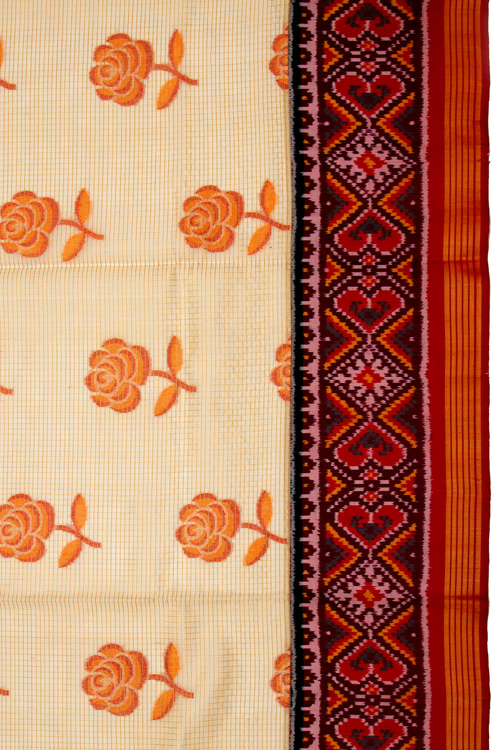 Banarasi Silk Checks And Butta Cream Saree With Attached Ikat Border