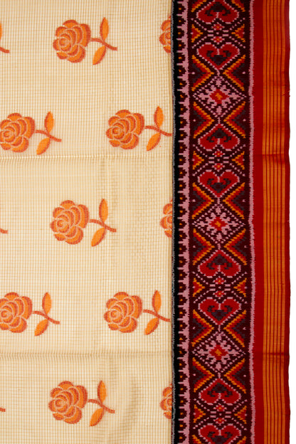 Banarasi Silk Checks And Butta Cream Saree With Attached Ikat Border