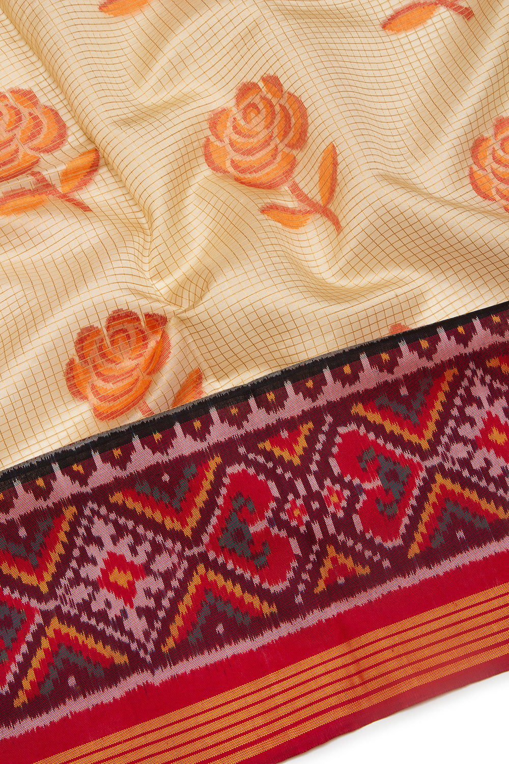 Banarasi Silk Checks And Butta Cream Saree With Attached Ikat Border