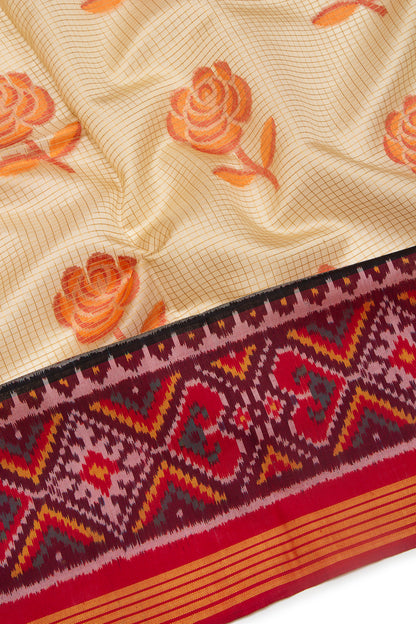 Banarasi Silk Checks And Butta Cream Saree With Attached Ikat Border