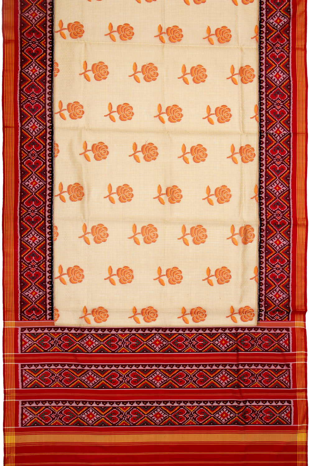 Banarasi Silk Checks And Butta Cream Saree With Attached Ikat Border
