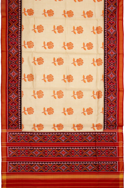 Banarasi Silk Checks And Butta Cream Saree With Attached Ikat Border
