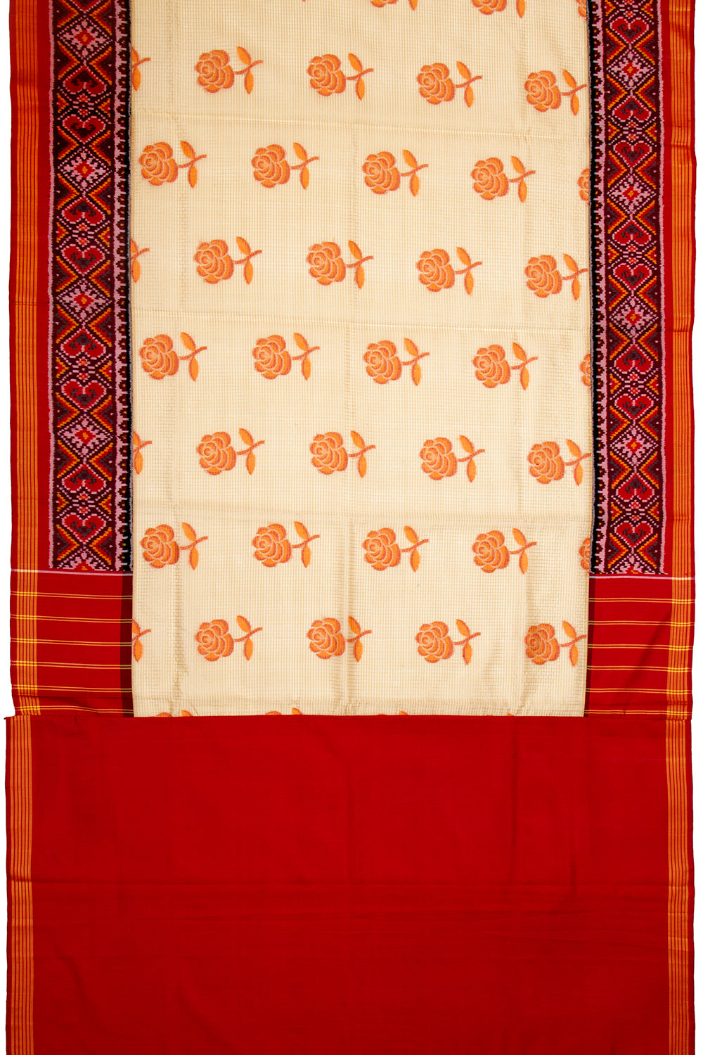 Banarasi Silk Checks And Butta Cream Saree With Attached Ikat Border