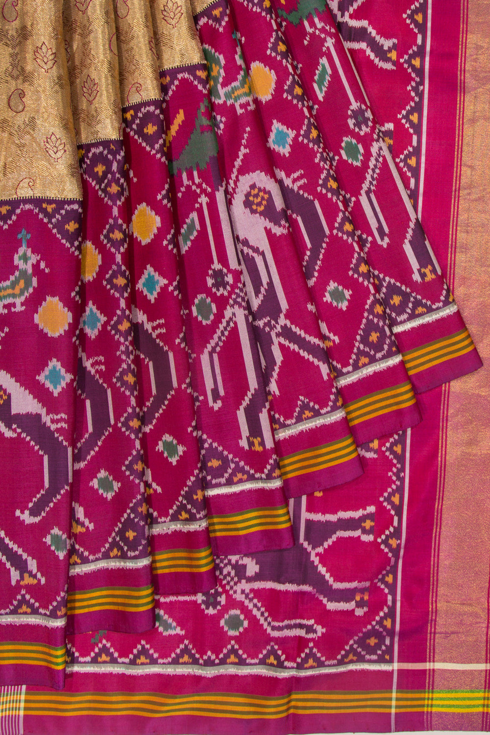 Kanchipuram Silk Tissue Jaal Gold Saree With Attached Single Ikat Patola Border