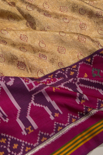 Kanchipuram Silk Tissue Jaal Gold Saree With Attached Single Ikat Patola Border