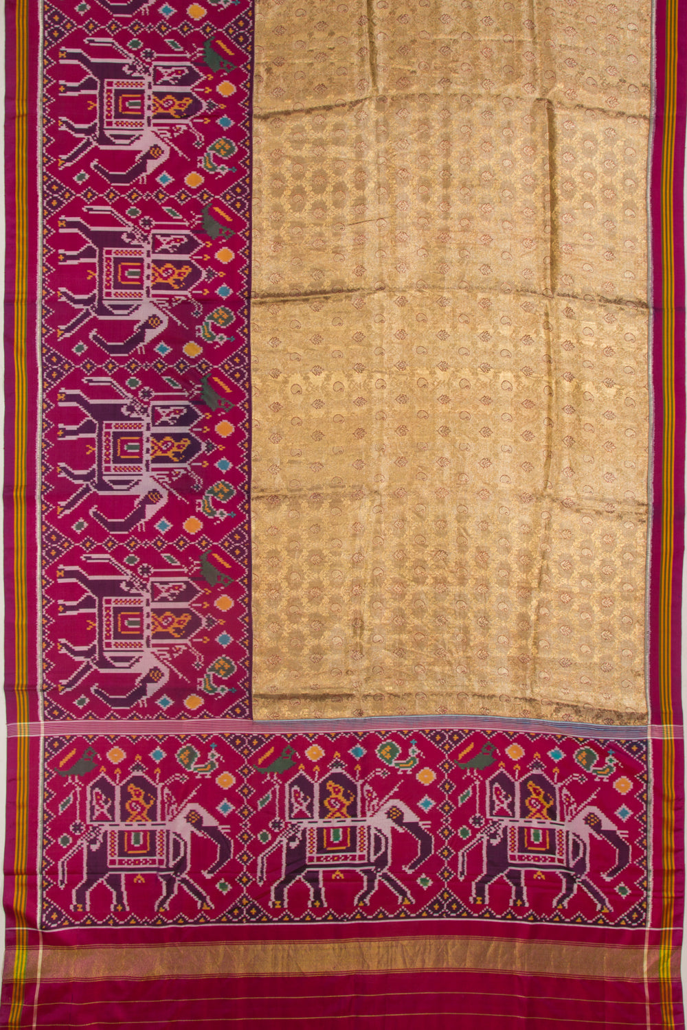 Kanchipuram Silk Tissue Jaal Gold Saree With Attached Single Ikat Patola Border