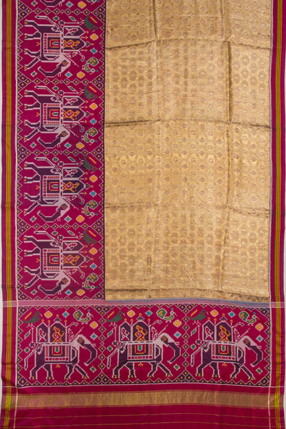 Kanchipuram Silk Tissue Jaal Gold Saree With Attached Single Ikat Patola Border