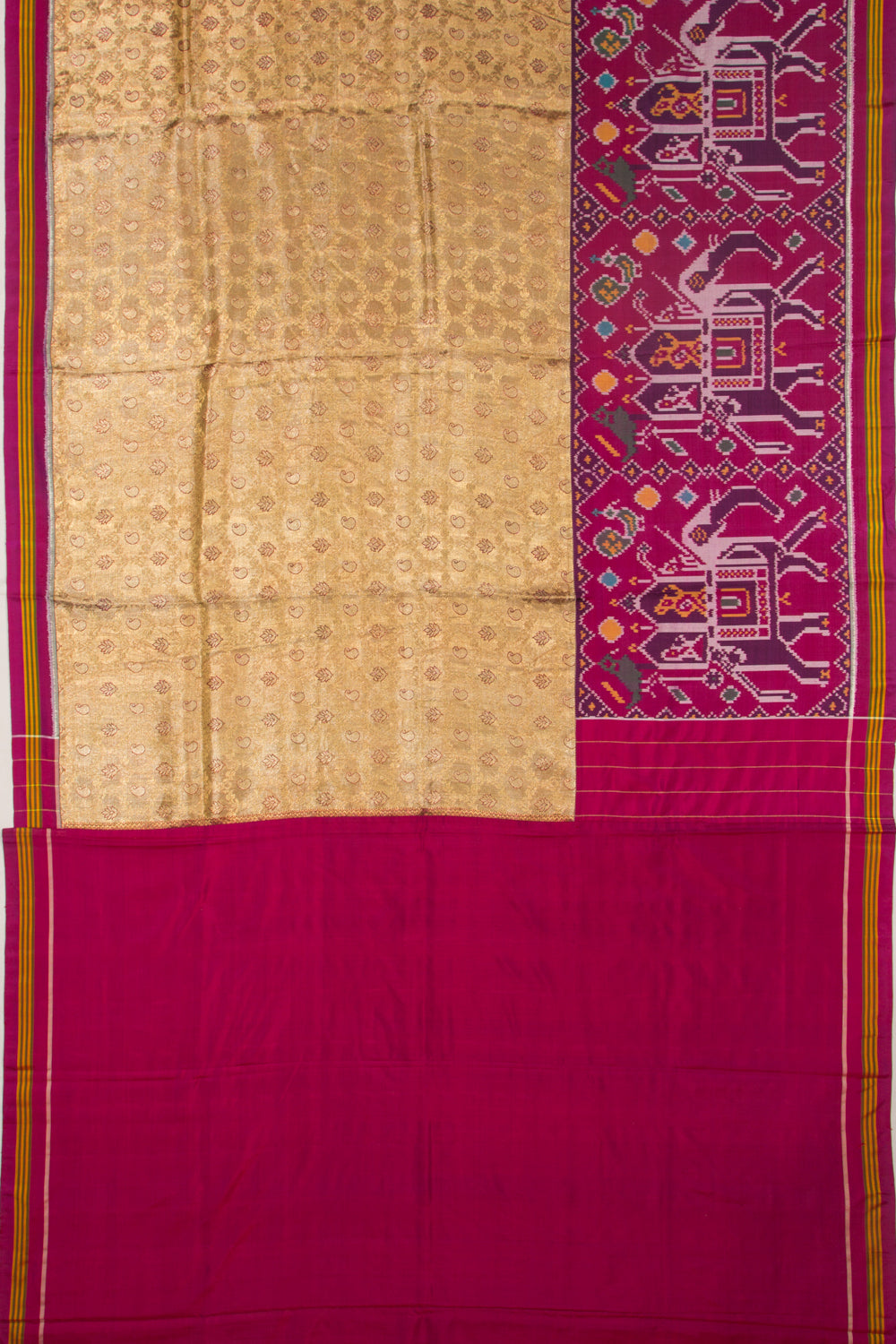 Kanchipuram Silk Tissue Jaal Gold Saree With Attached Single Ikat Patola Border