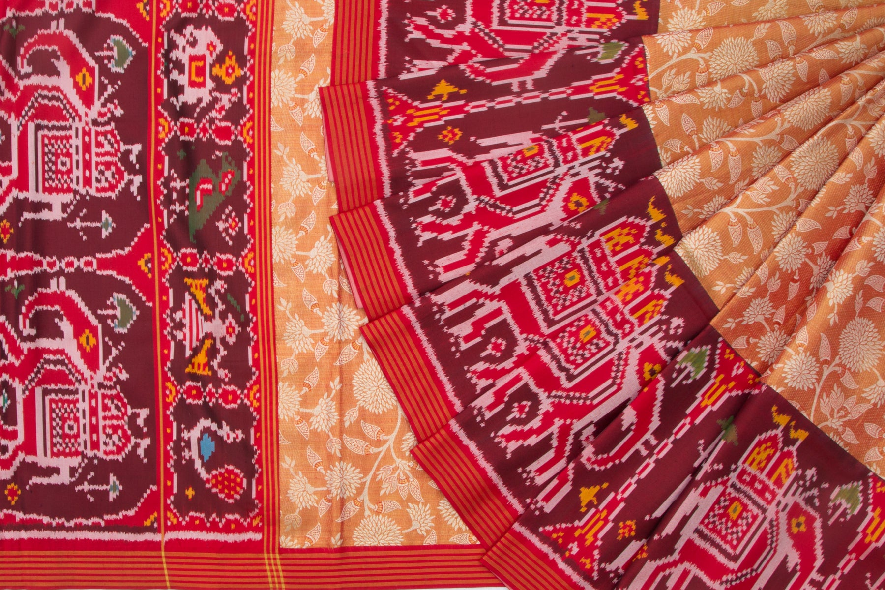 Kanchipuram Silk Tissue Jaal Orange Saree With Attached Semi Patan Patola Border