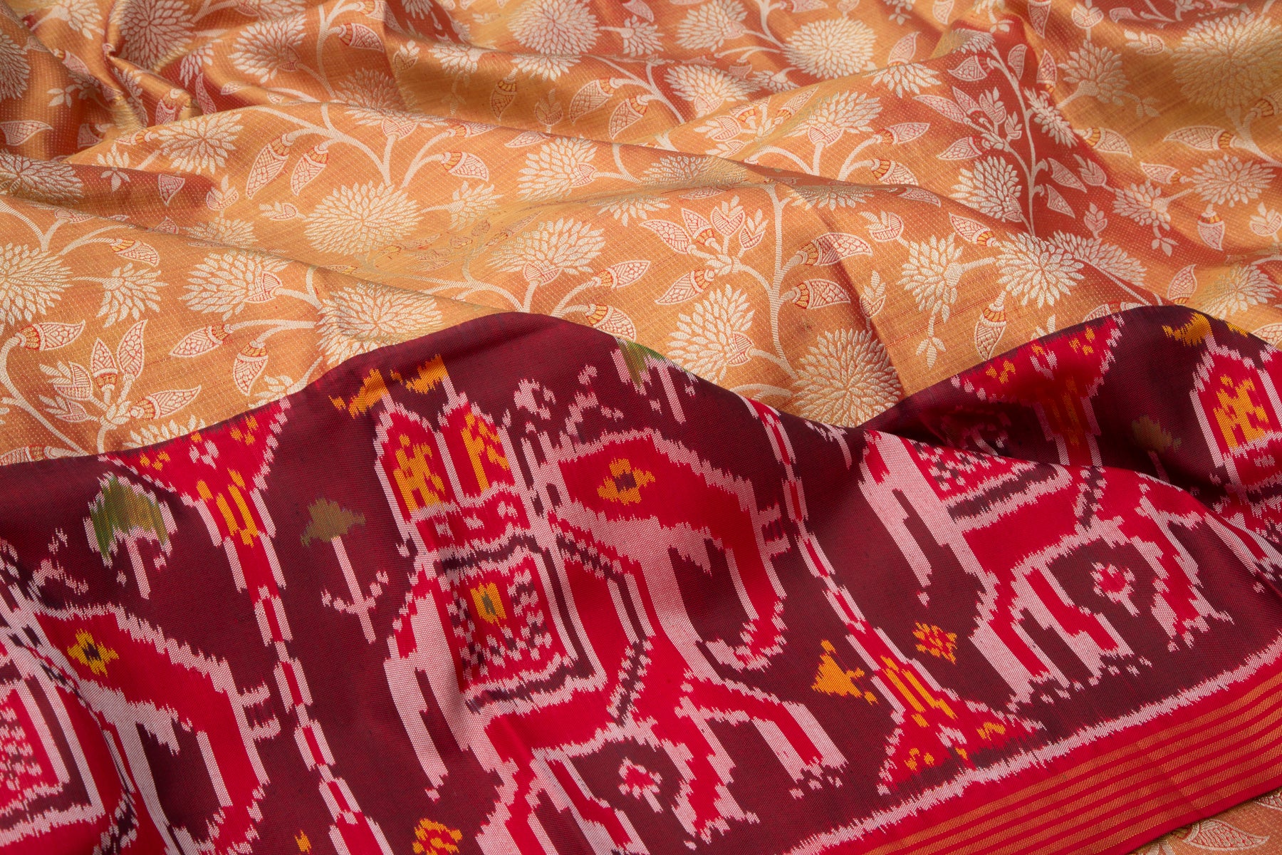 Kanchipuram Silk Tissue Jaal Orange Saree With Attached Semi Patan Patola Border