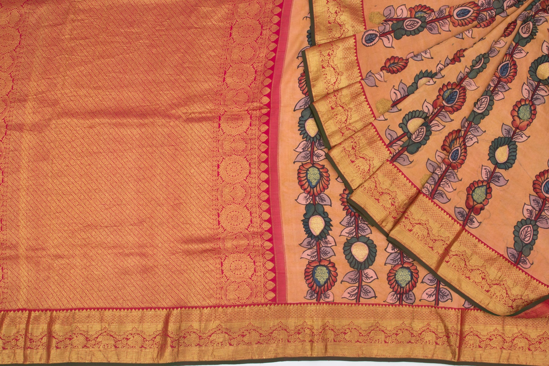 Kanchipuram Silk Kalamkari And Butta Pastel Orange Saree