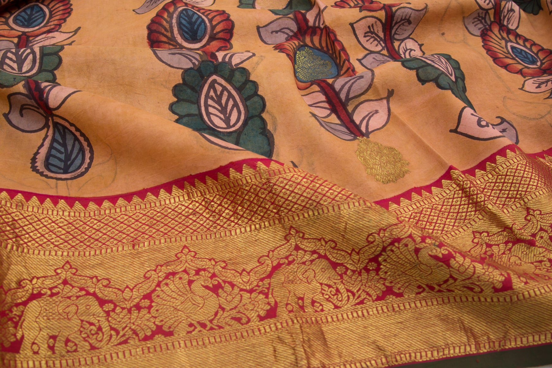Kanchipuram Silk Kalamkari And Butta Pastel Orange Saree