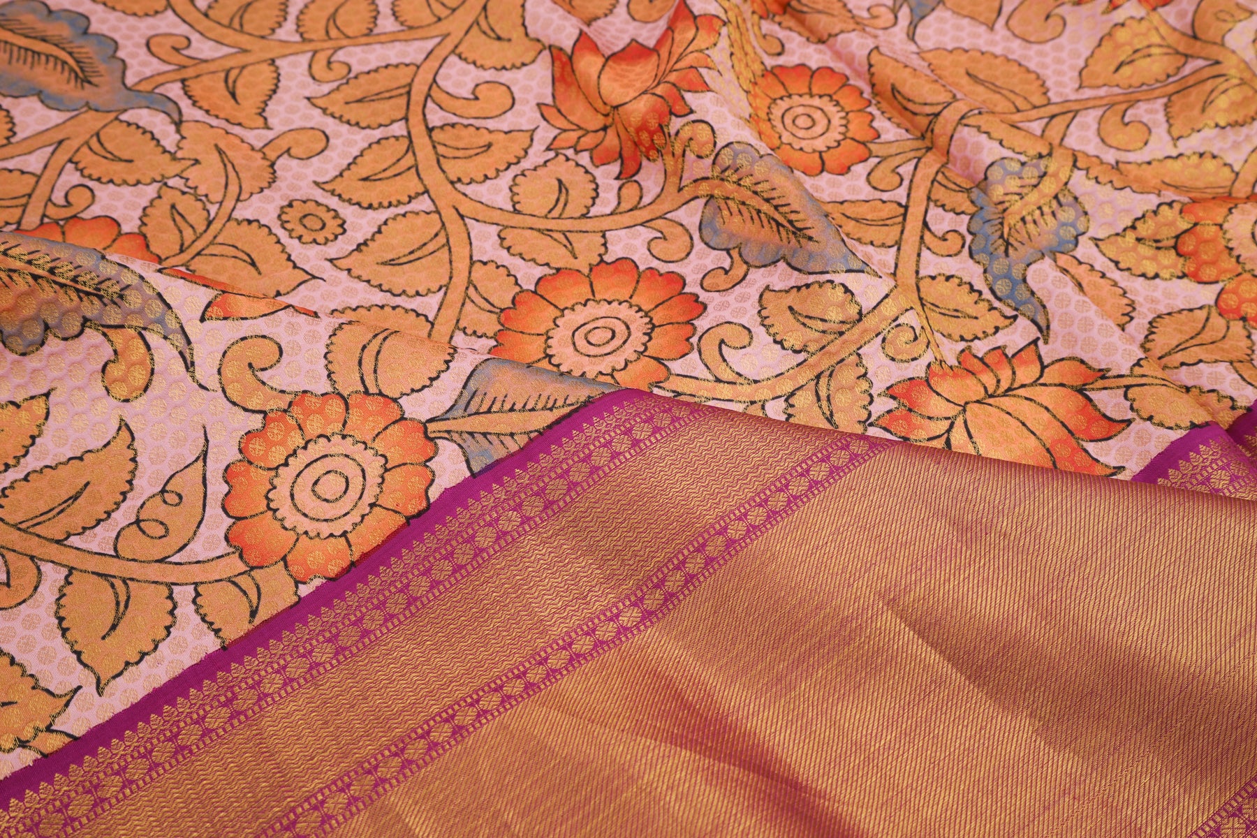 Kanchipuram Silk Floral Printed Pastel Pink Saree