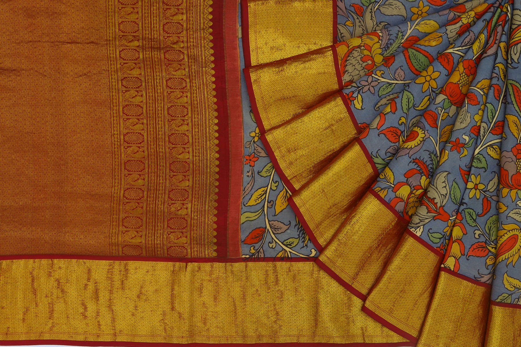 Kanchipuram Silk Kalamkari Hand Painted Grey Saree