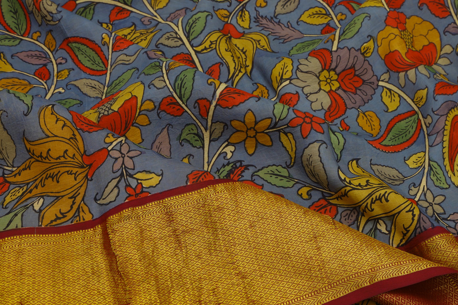Kanchipuram Silk Kalamkari Hand Painted Grey Saree