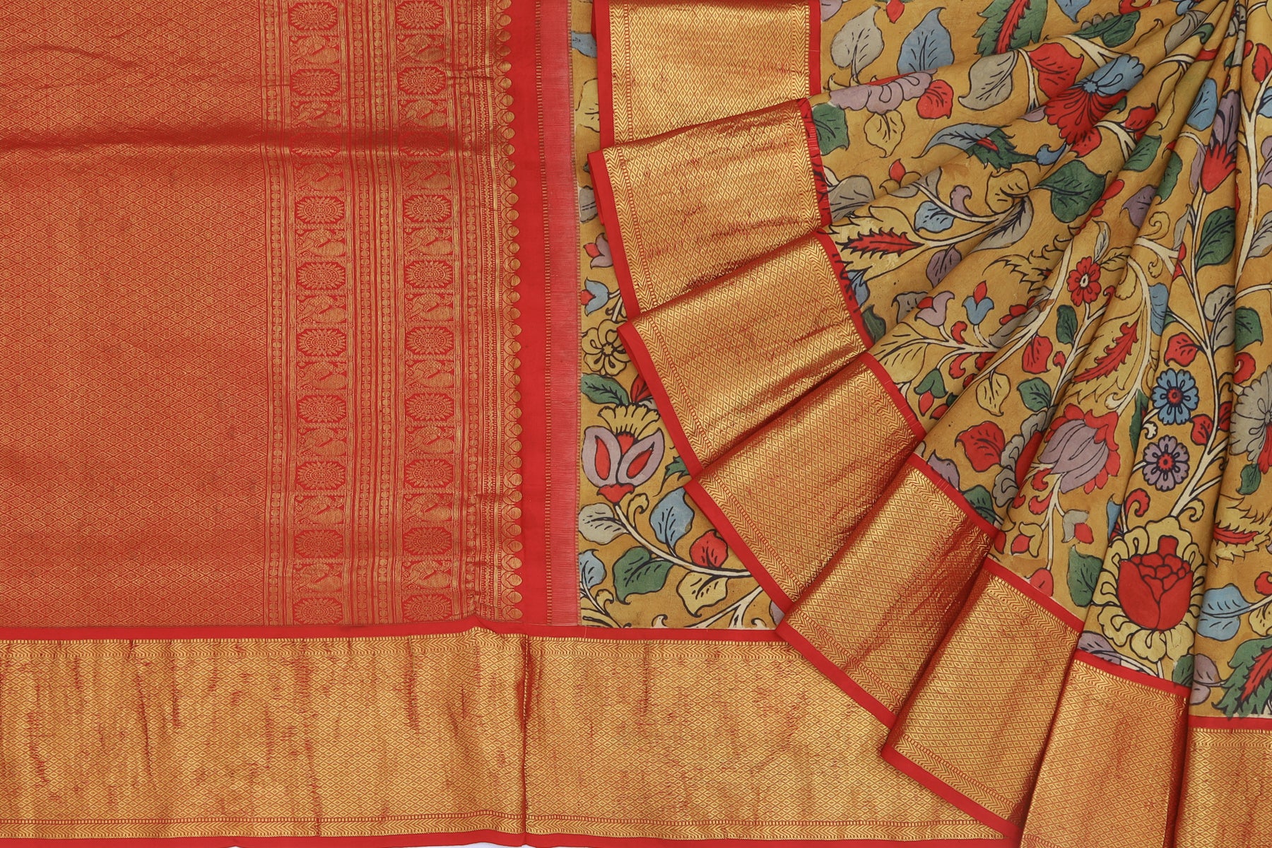 Kanchipuram Silk Kalamkari Hand Painted Cream Saree