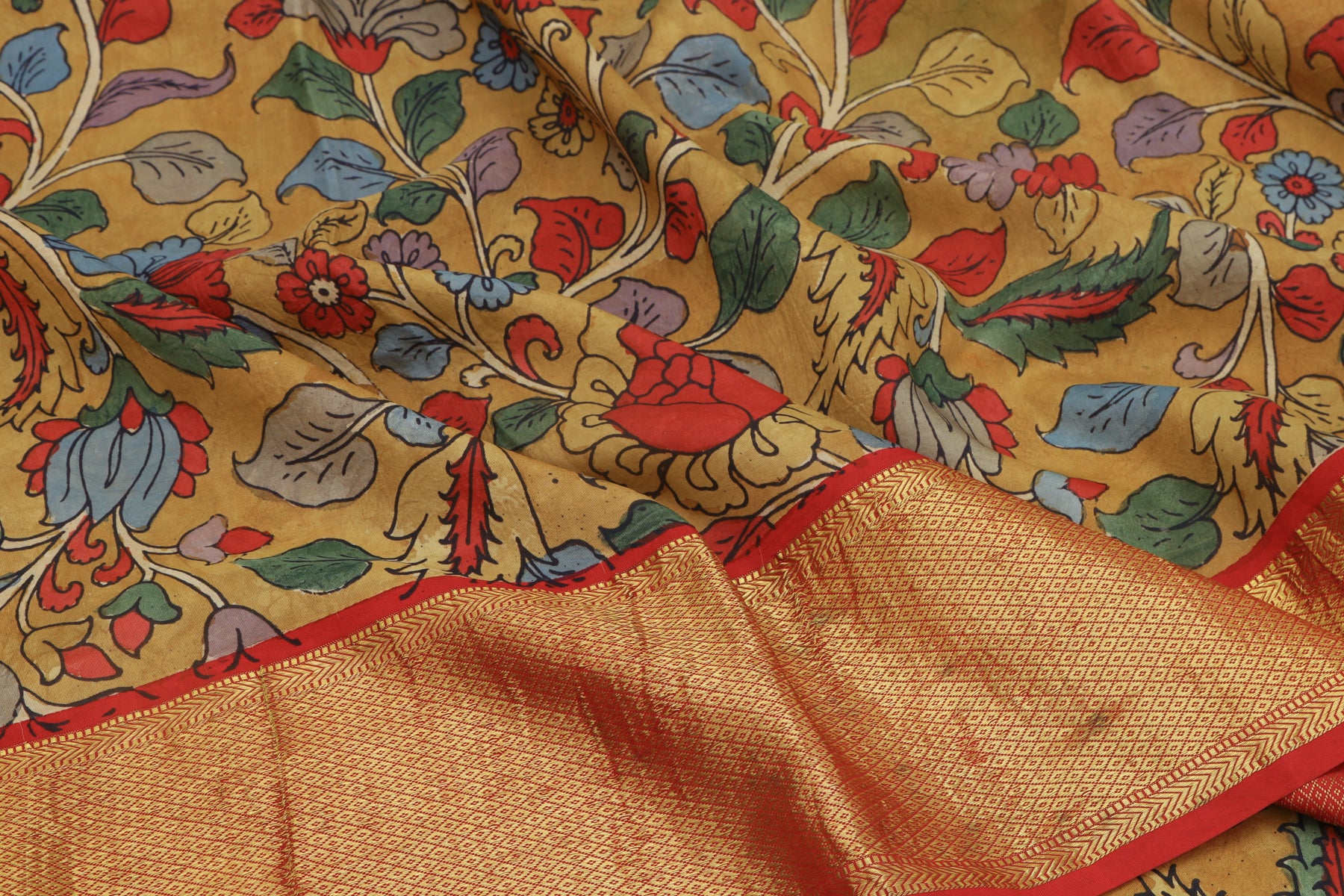 Kanchipuram Silk Kalamkari Hand Painted Cream Saree
