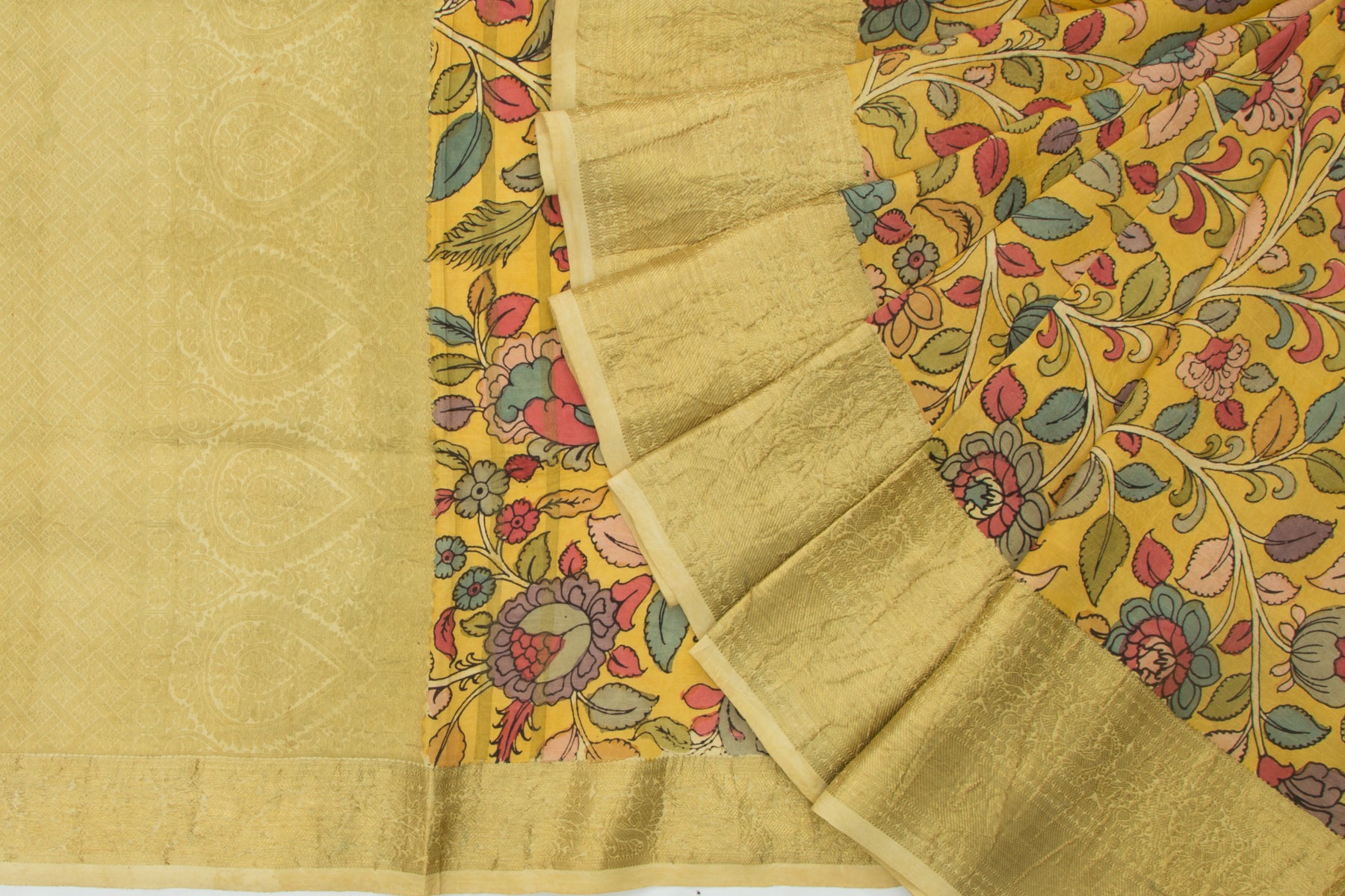 Kanchipuram Silk Hand Painted Kalamkari Yellow Saree