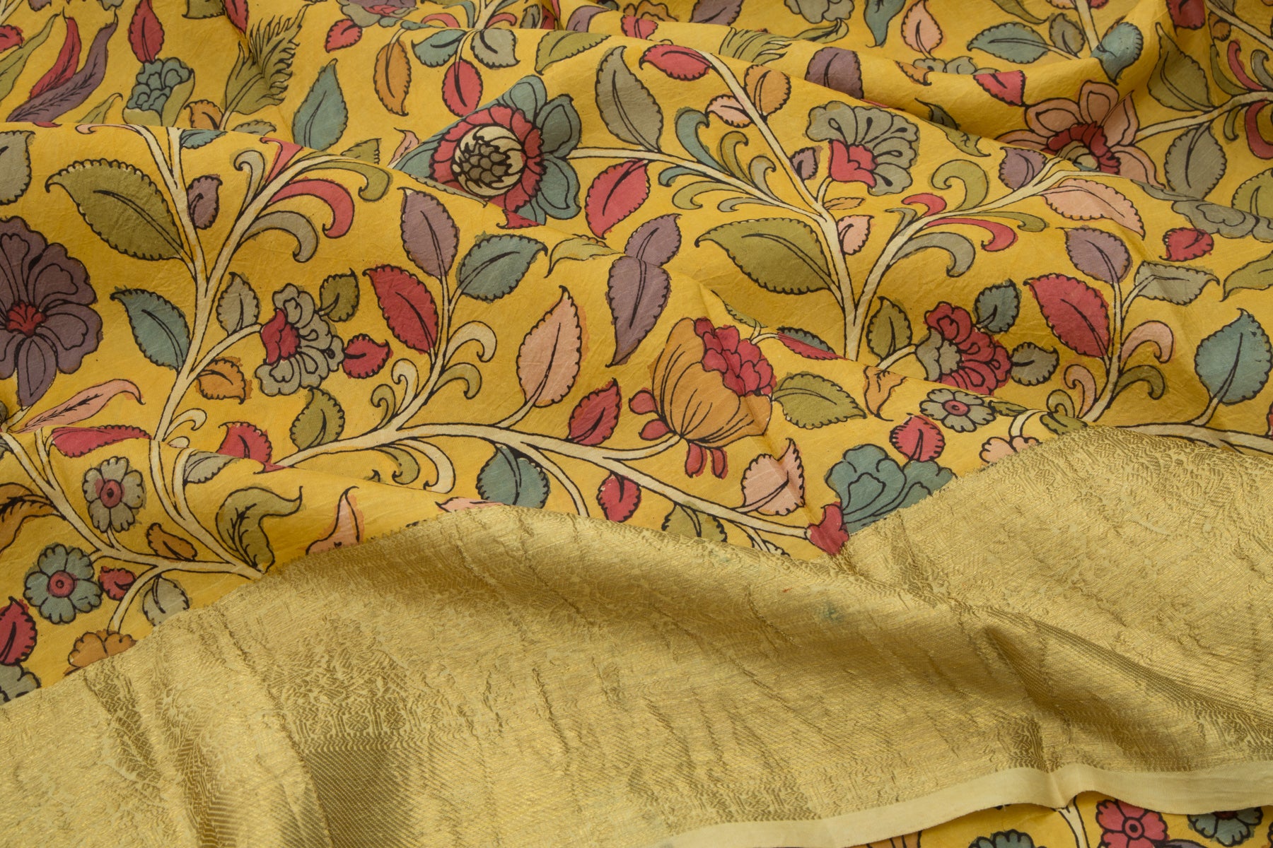 Kanchipuram Silk Hand Painted Kalamkari Yellow Saree