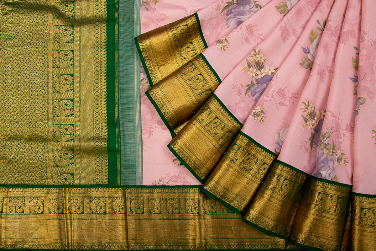 Kanchipuram Silk Floral Printed Pastel Pink Saree