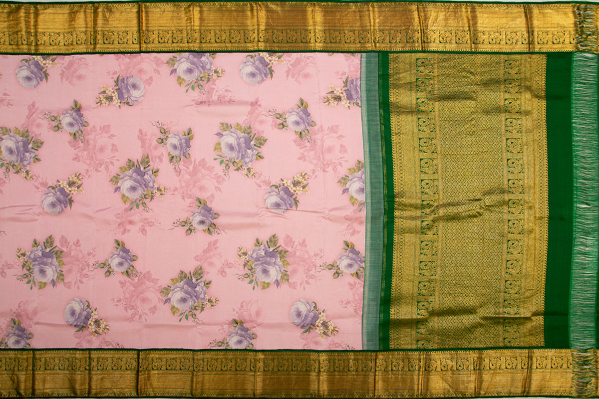 Kanchipuram Silk Floral Printed Pastel Pink Saree