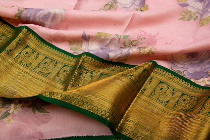 Kanchipuram Silk Floral Printed Pastel Pink Saree